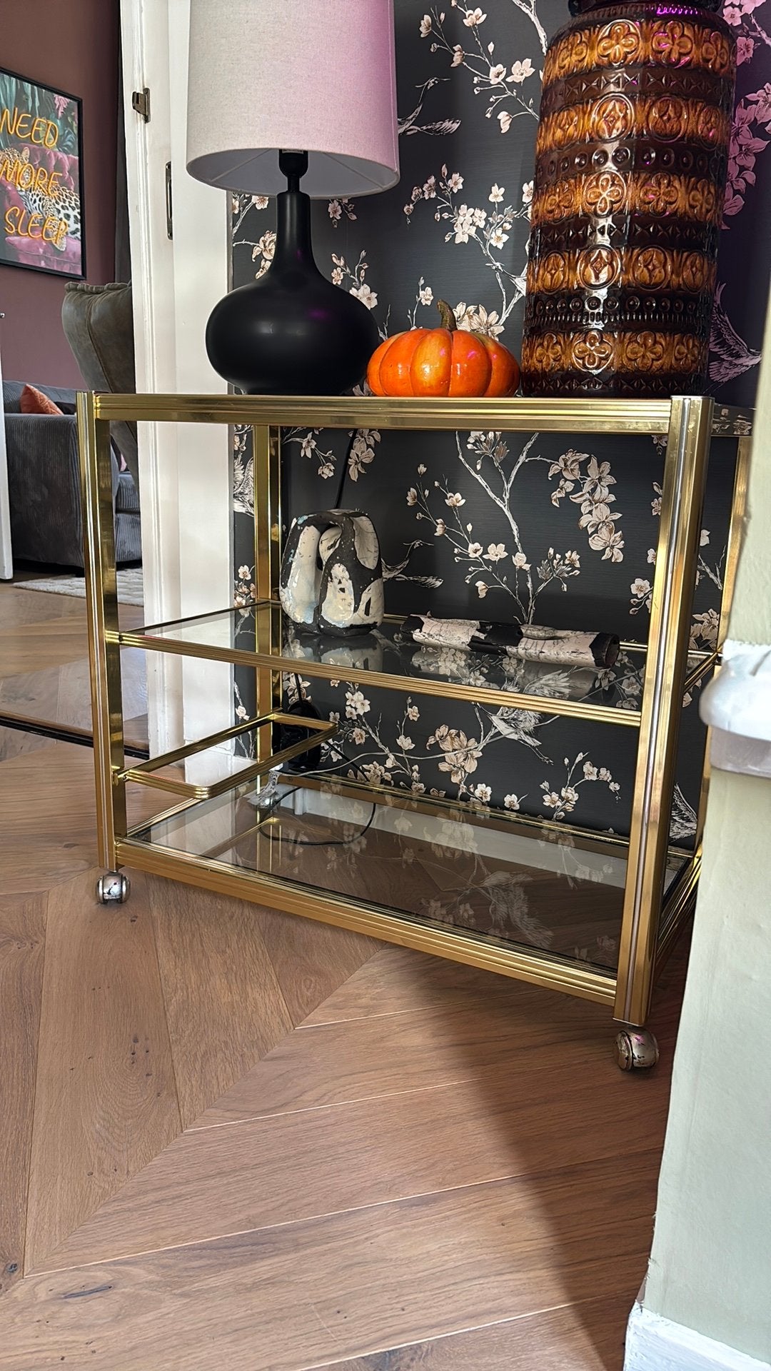Messing Serveerwagen met Glasplaten, barcart, Ophalen, Gebruikt