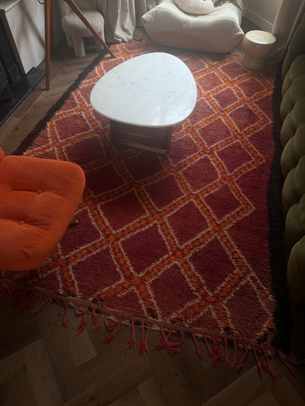 Vintage Berber vloerkleed - Rood/Oranje ruitpatroon, Ophalen, Gebruikt, 150 tot 200 cm, 200 cm of meer