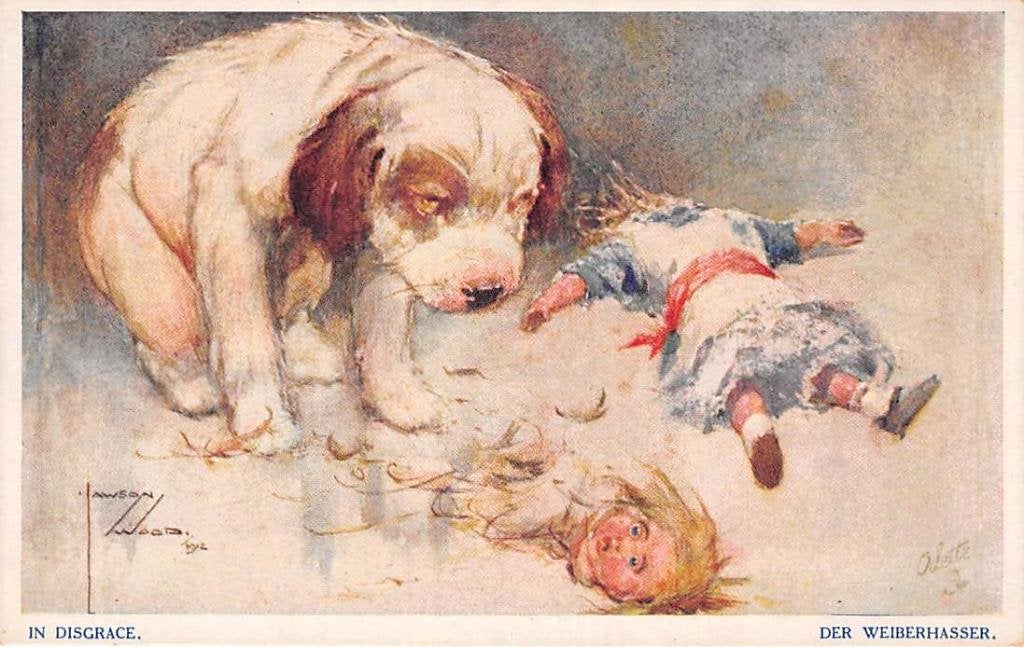 Fantasie L. Wood In Disgrace Der Weiberhasser Honden Humor, Verzamelen, Ophalen of Verzenden, Voor 1920, Ongelopen, Hond of Kat