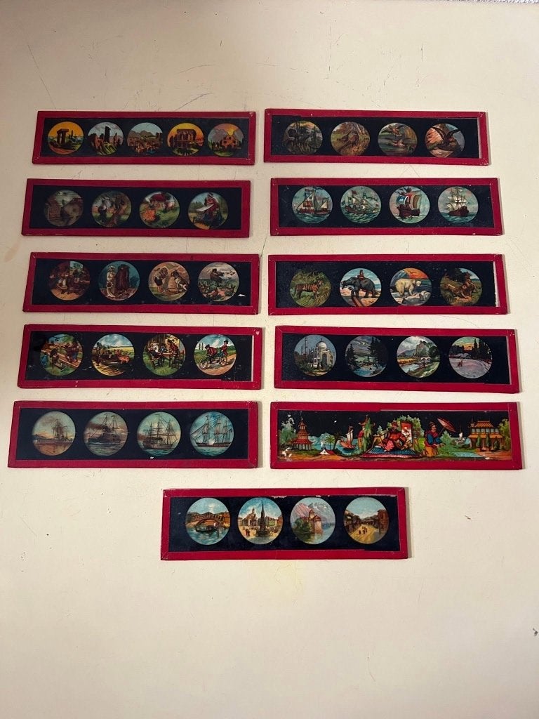 Antieke glazen toverlantaarn plaatjes set, Antiek en Kunst, Ophalen of Verzenden