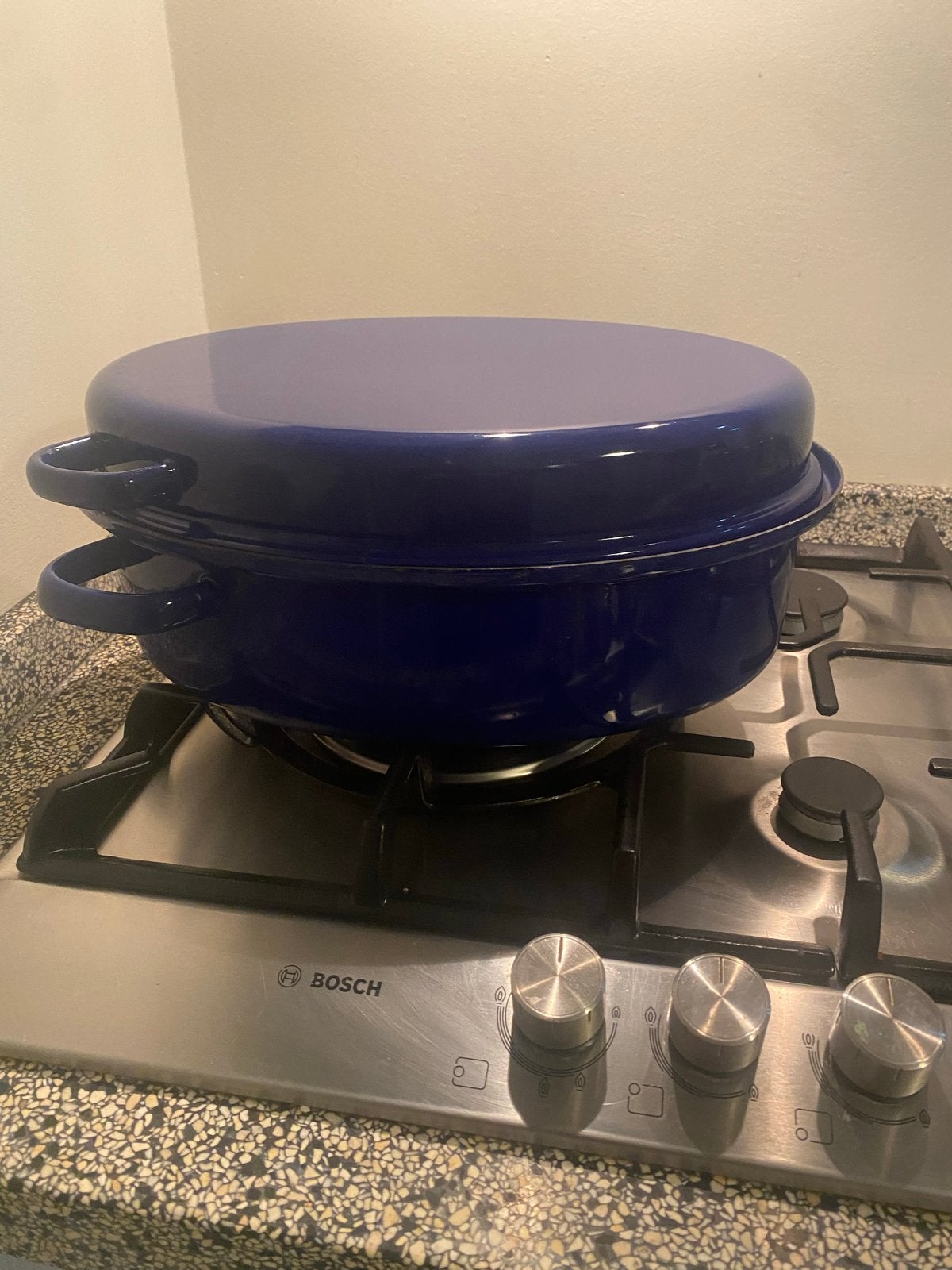 Blauwe geëmailleerde ovale braadpan met deksel, Ophalen, Gebruikt, Braadpan, Met deksel