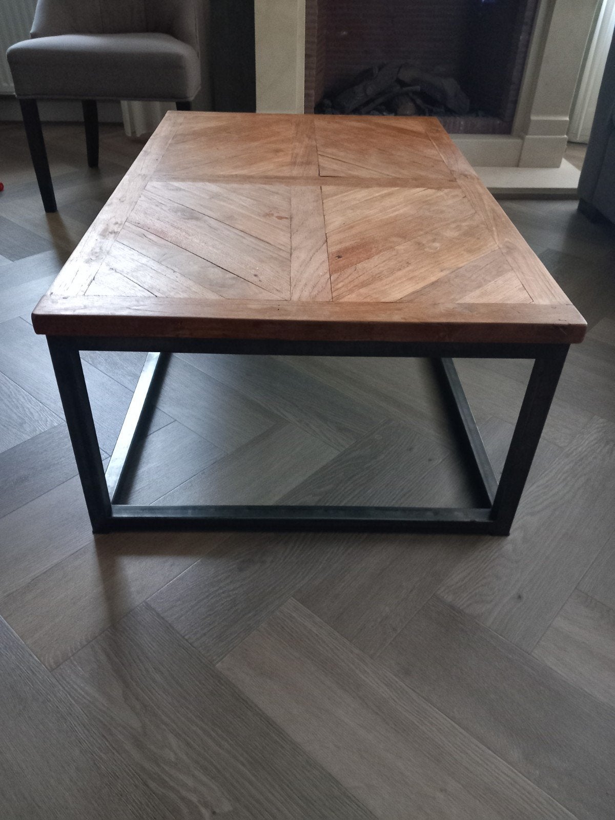 Salontafel industrieel landelijk stalen poten, Ophalen, Gebruikt, 100 tot 150 cm, 50 tot 100 cm