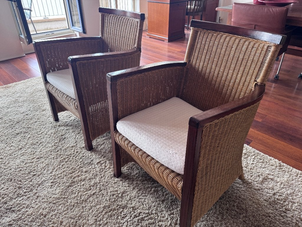 Set van 2 rotan stoelen met houten frame, Huis en Inrichting, Stoelen, Ophalen, Gebruikt, Twee, Bruin