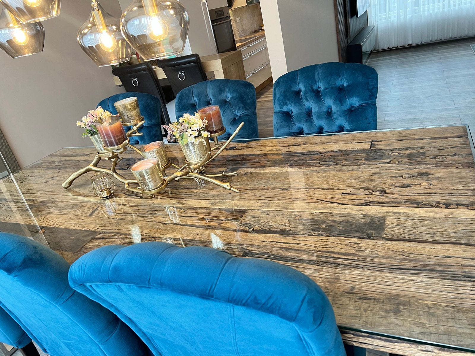 10 Prachtige Hazenkamp eetkamerstoelen blauw velvet, Ophalen, Blauw, Klassiek, Zo goed als nieuw