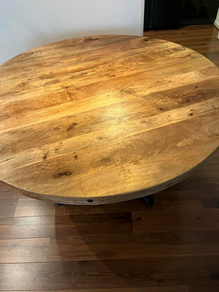 Ronde eetkamer tafel, doorsnee 150 cm, stalen poot, 100 tot 150 cm, Rond, Ophalen of Verzenden, Zo goed als nieuw
