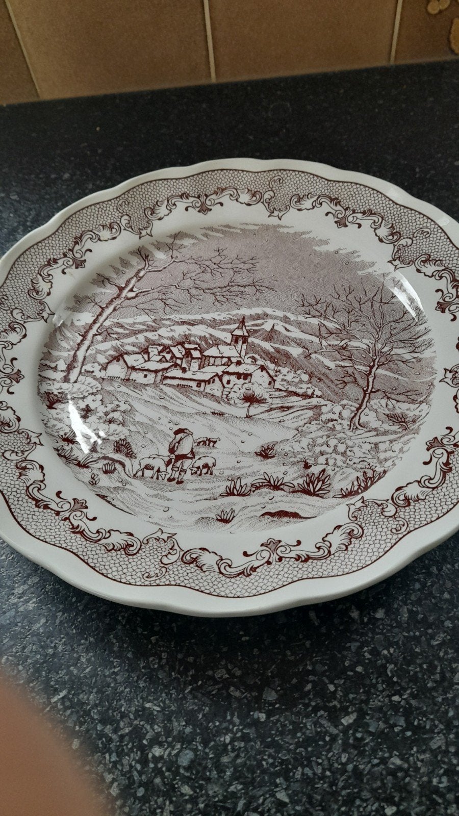 Gebakbord met 9 gebakschotels - Swiss Landscape, Ophalen, Gebruikt, Keramiek, Bord(en)