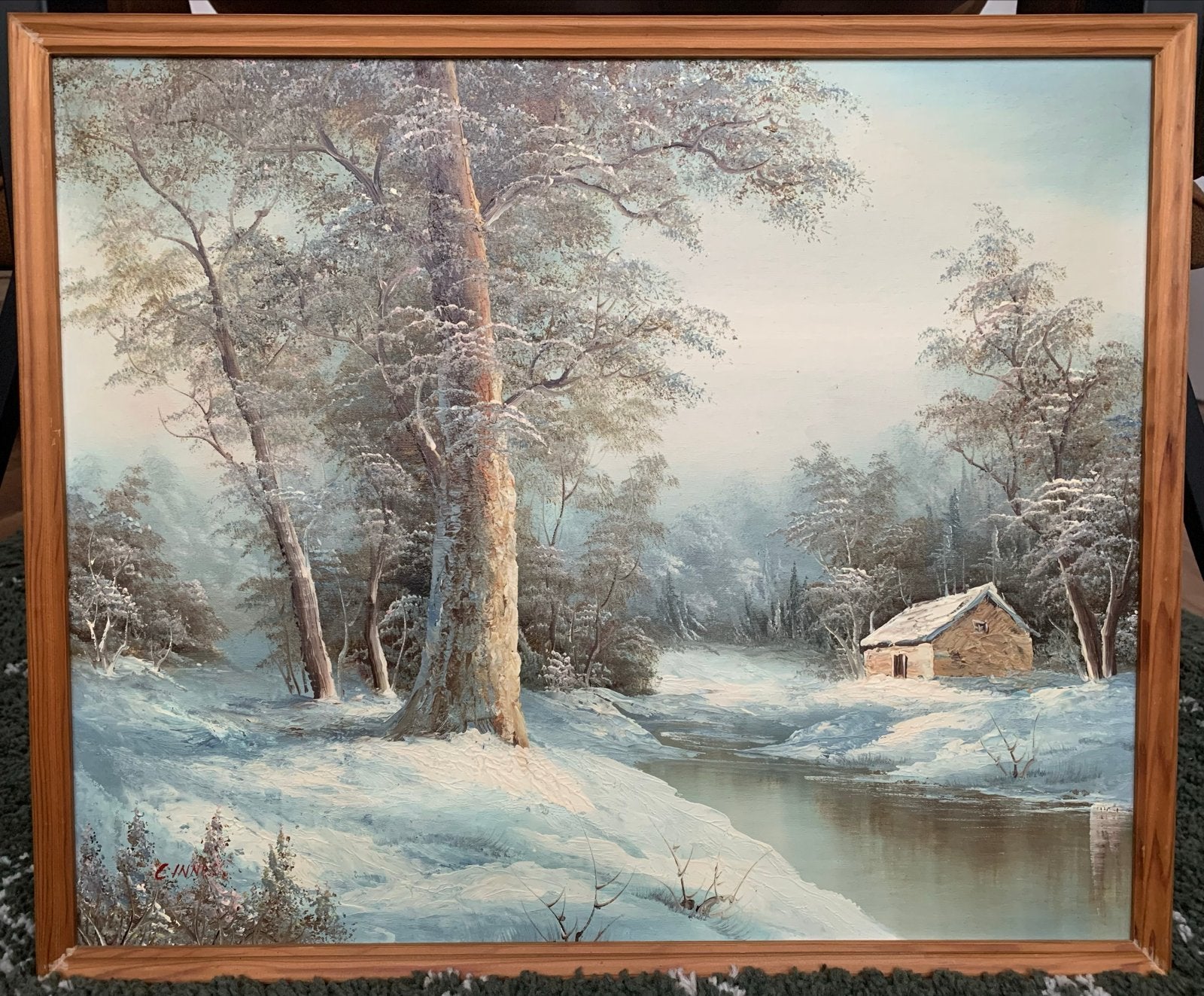 Schilderij Winterlandschap met Huisje en Rivier, Ophalen, 50 – 75, Oorspronkelijke maker, Zo goed als nieuw