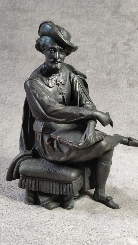 Antiek spelter beeldje van filosoof - Frans - 21cm - 1642gr, Ophalen of Verzenden, Brons