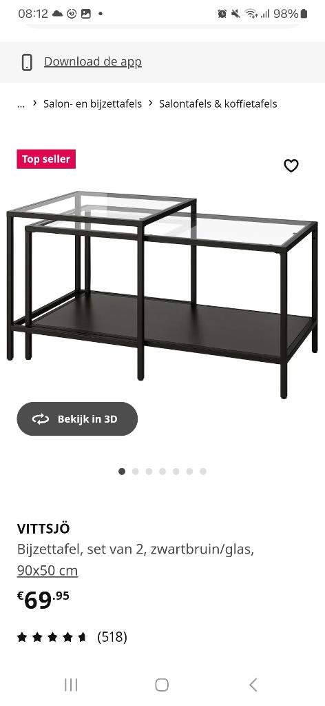 Vittsjo set of 2 tables tafel ikea, Huis en Inrichting, Tafels | Salontafels, Ophalen, 50 tot 100 cm, 50 tot 100 cm, Glas
