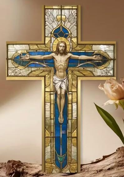 Houten kruis met glas in lood look., Verzenden, Nieuw, Overige typen, Christendom | Katholiek