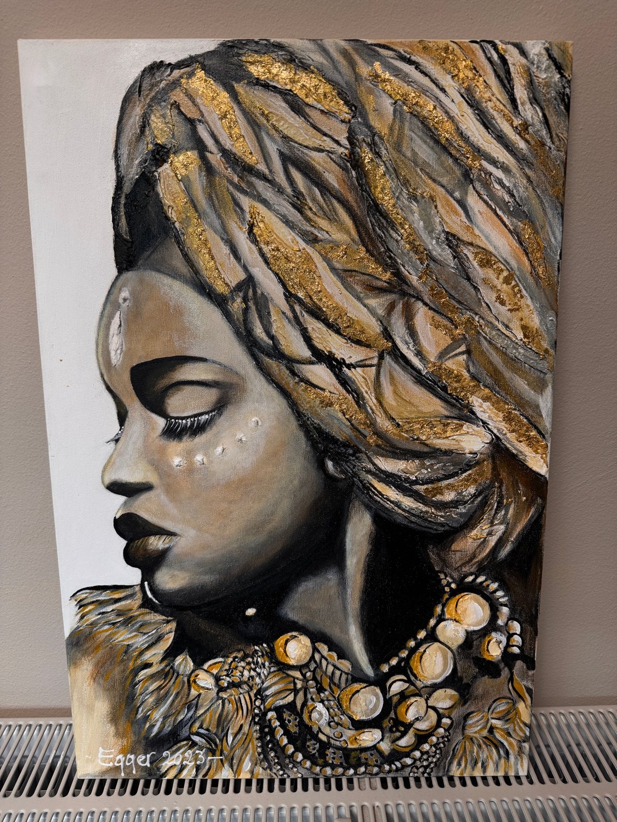 Handgeschilderd Acryl Schilderij - Vrouw met Gouden Hoofddoe, Ophalen of Verzenden, Handgeschilderd, Acrylverf, Portret