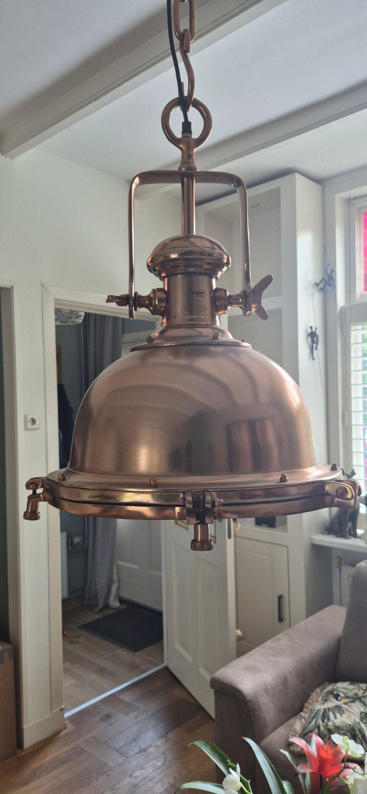 Koperen hanglamp Loods 5 - Industriële stijl, Ophalen, 50 tot 75 cm, Zo goed als nieuw, Metaal