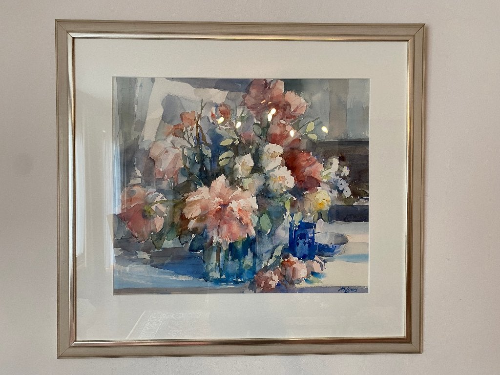 Grote Aquarel Jos Leurs – Bloemstilleven (Incl. Certificaat), Ophalen, Stilleven, Impressionistisch, Aquarel