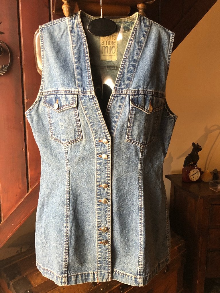 Jeans gilet lang spijkerstof vintage Amore Mio maat M, Maat 38/40 (M), Amore Mio, Blauw, Ophalen of Verzenden