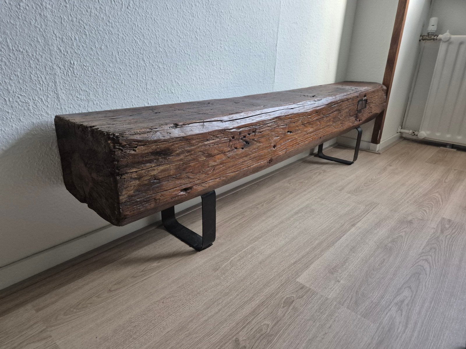 Massieve houten meerpaal bank - 160x25x40 cm, Ophalen, Gebruikt, Rechthoekig, Hout