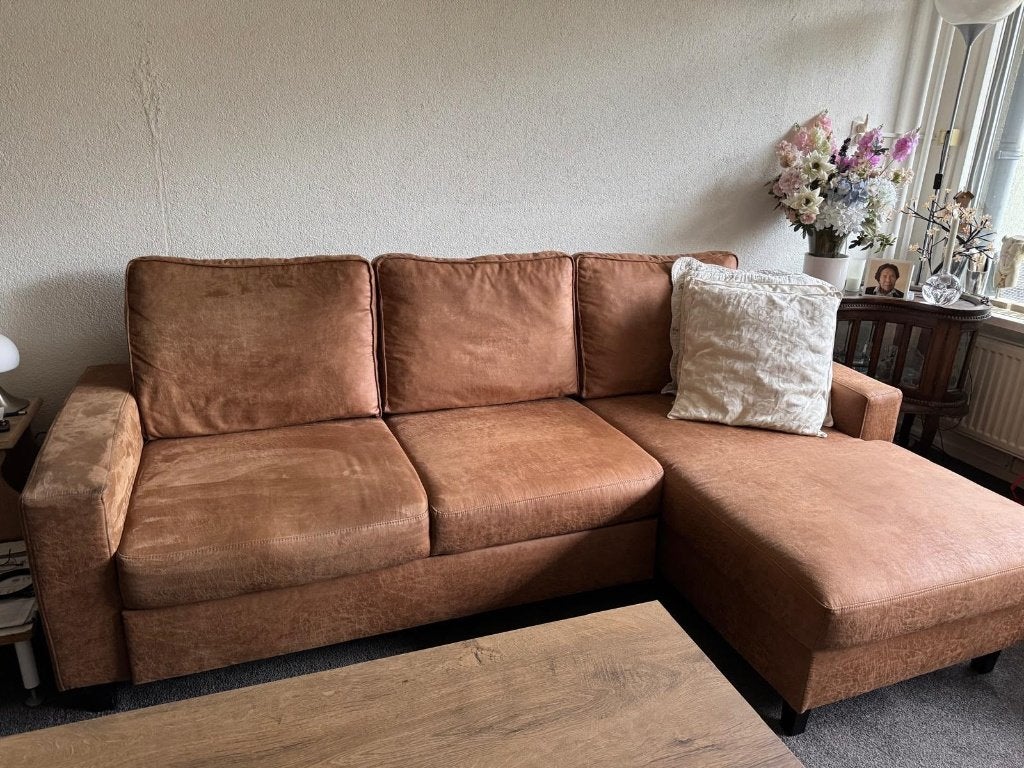 Bruine leren bank, Ophalen, 250 tot 300 cm, 125 tot 150 cm, Hoekbank