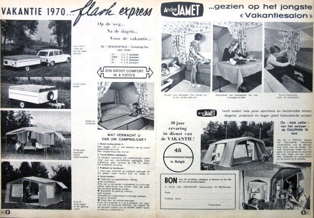Vintage reclame André Jamet Flach Express 1970 camping tent, Ophalen of Verzenden, Gebruikt, Overige typen