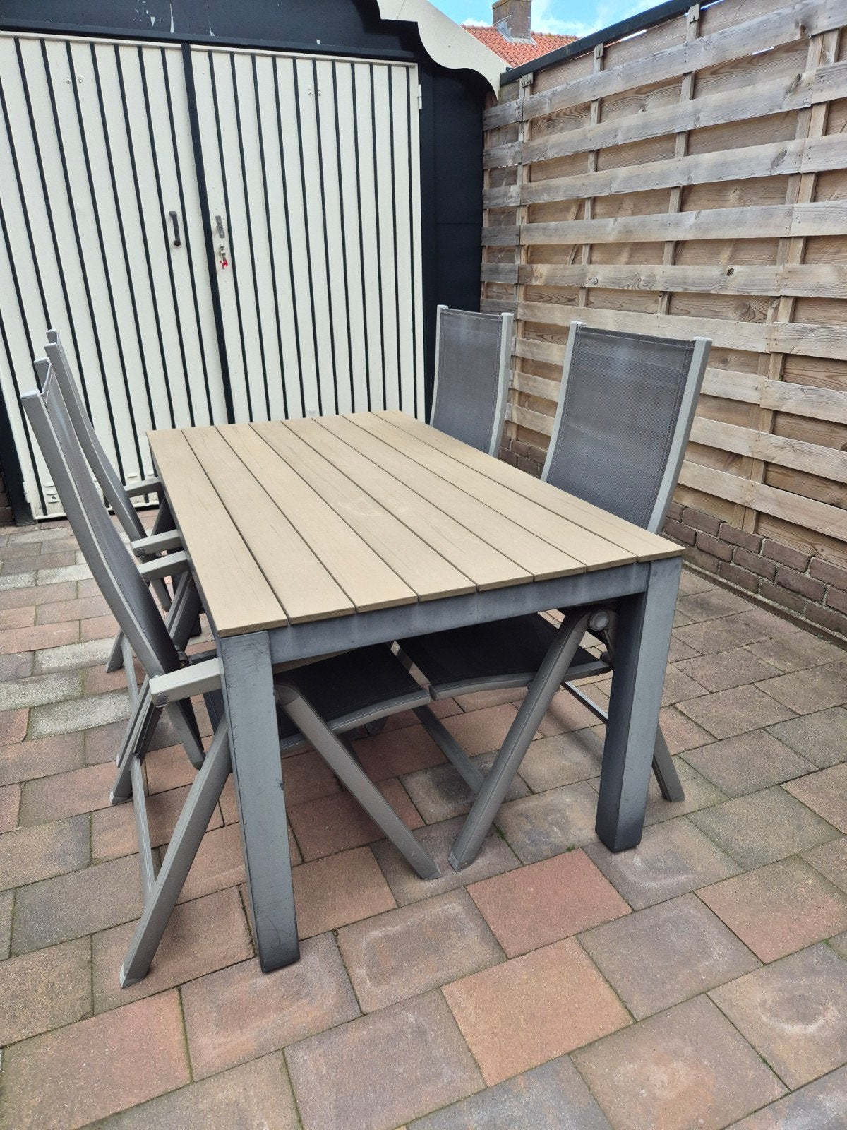 Tuinset: Tafel met 4 stoelen + kussens, Ophalen, Gebruikt, Rechthoekig, Aluminium
