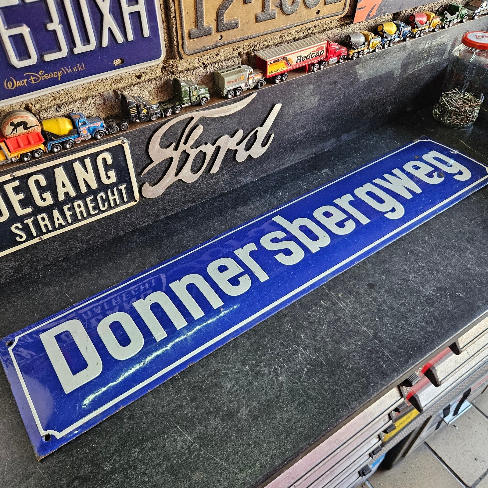 Vintage geëmailleerd straatnaambord "Donnersbergweg", Antiek en Kunst, Ophalen of Verzenden