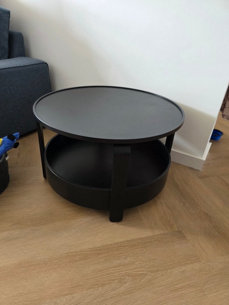 Zwarte ronde salontafel met opbergruimte – uitstekende staat, Ophalen, 50 tot 100 cm, Rond, 50 tot 100 cm
