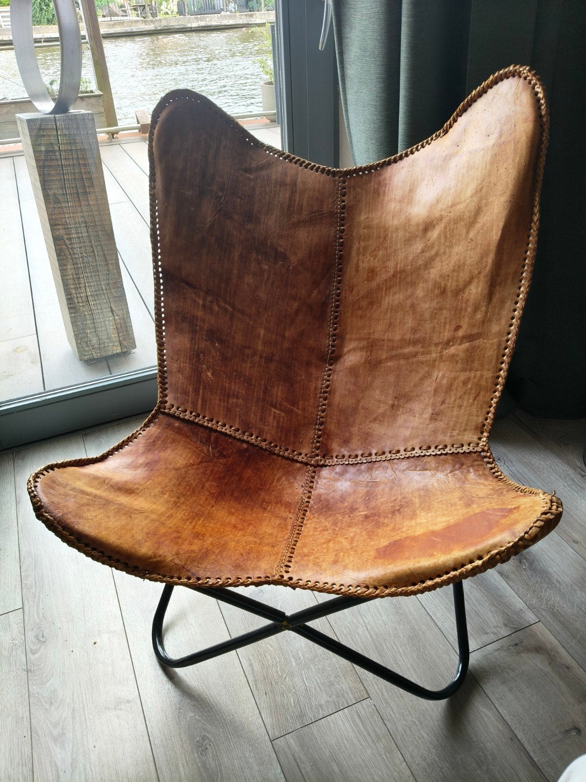 Vintage Leren Vlinderstoel - Bruin, Ophalen, Gebruikt, Bruin, Vintage, Bohemian, Industrieel