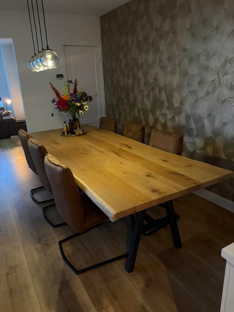 Boomstammen tafel met stalen onderstel 280x107cm, 100 tot 150 cm, 200 cm of meer, Ophalen of Verzenden, Zo goed als nieuw