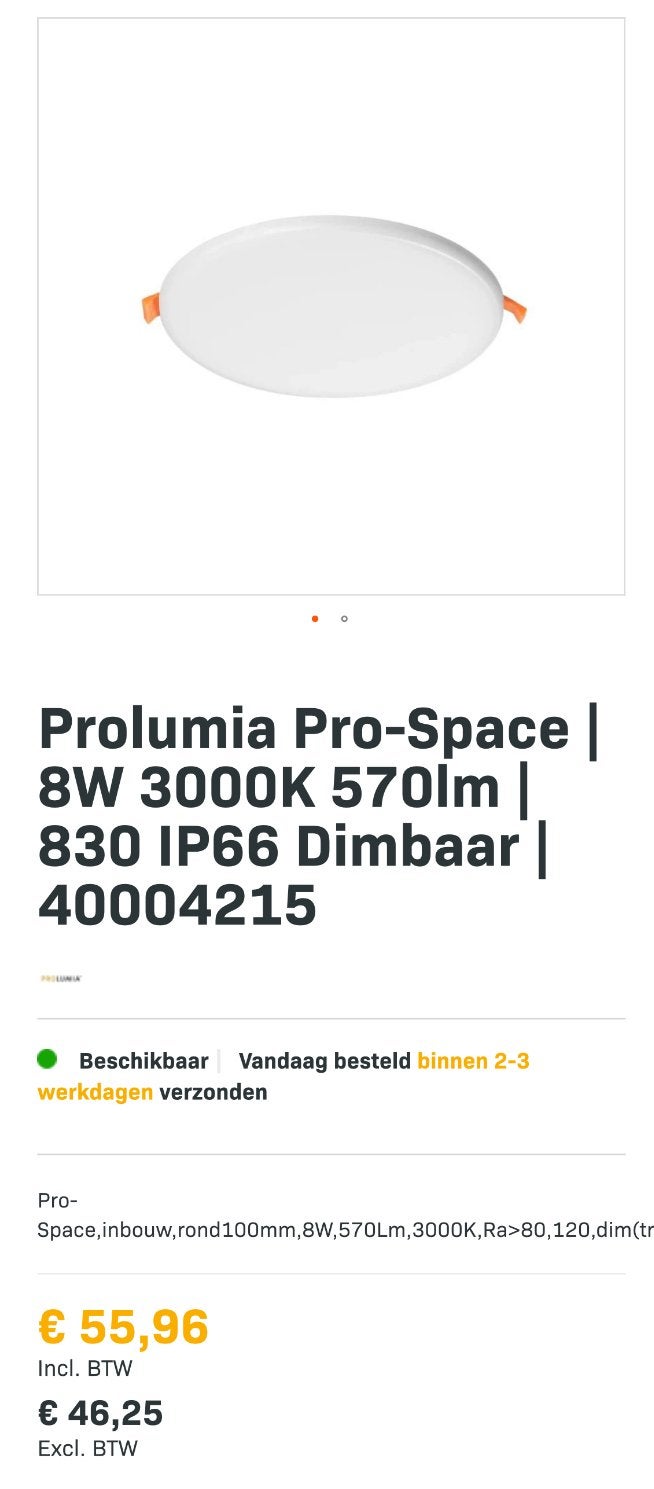 Prolumia Pro-Space LED Spots 8W 3000K Dimbare Inbouwspots, Metaal, Wit, Prolumia, Verzenden