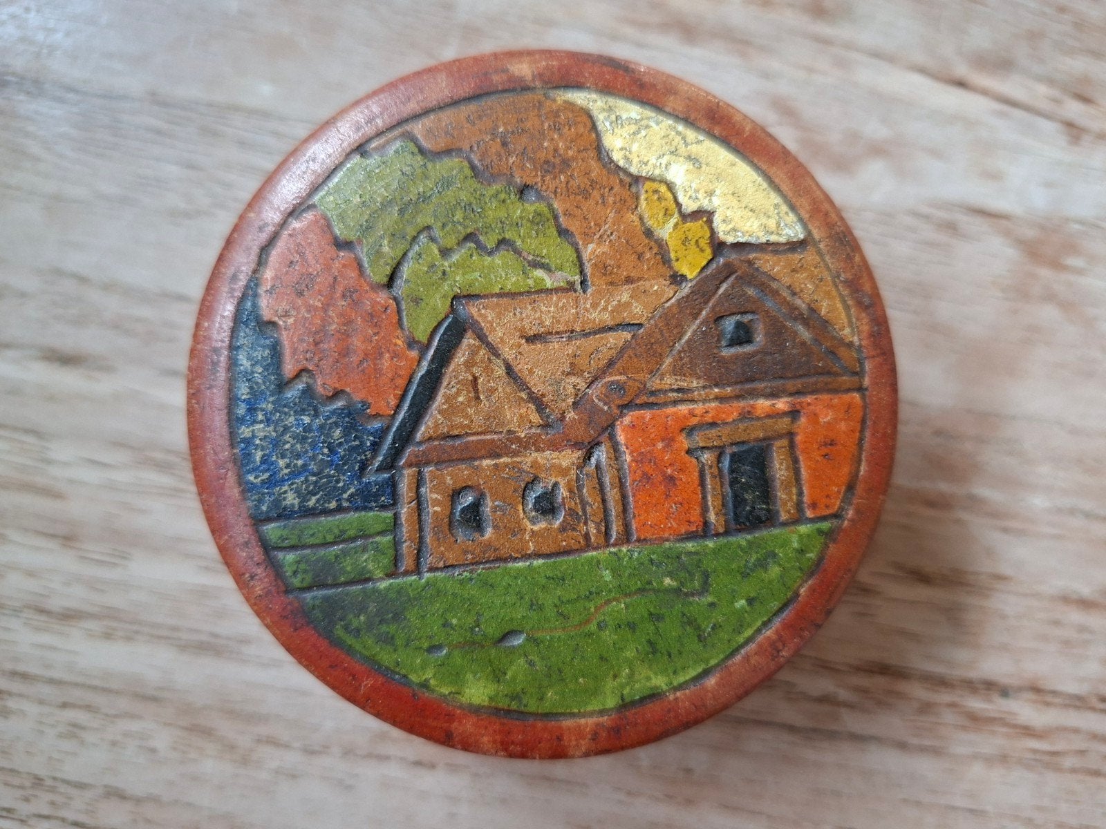 Vintage houten snuisterijdoosje volkskunstdoosje Kustar, Ophalen of Verzenden