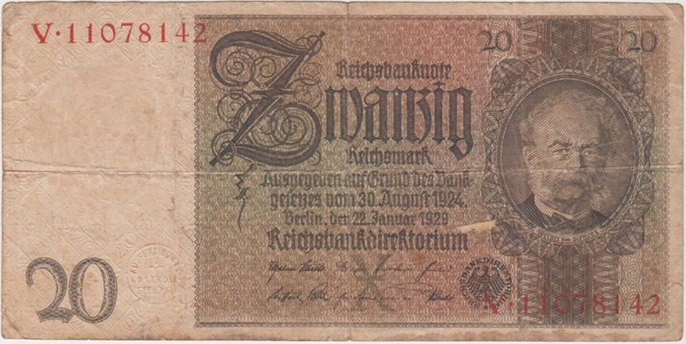 Duitsland bankbiljet 20 Reichsmark Werner von Siemens 1929, Verzenden, Duitsland, Los biljet