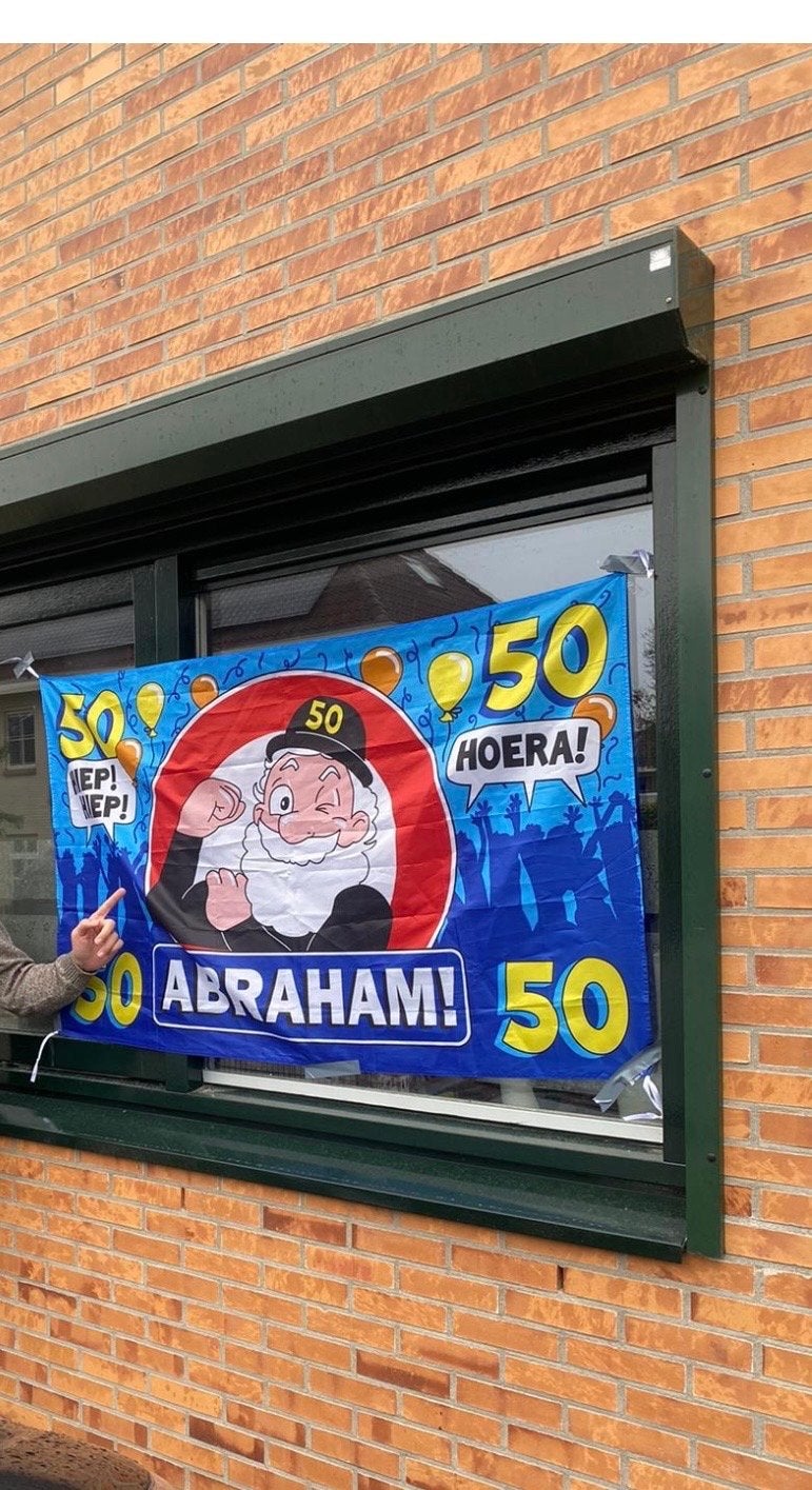 Abraham 50 jaar spandoek - Hoera 50 Abraham!, Ophalen of Verzenden, Zo goed als nieuw, Feestartikel, Abraham of Sarah