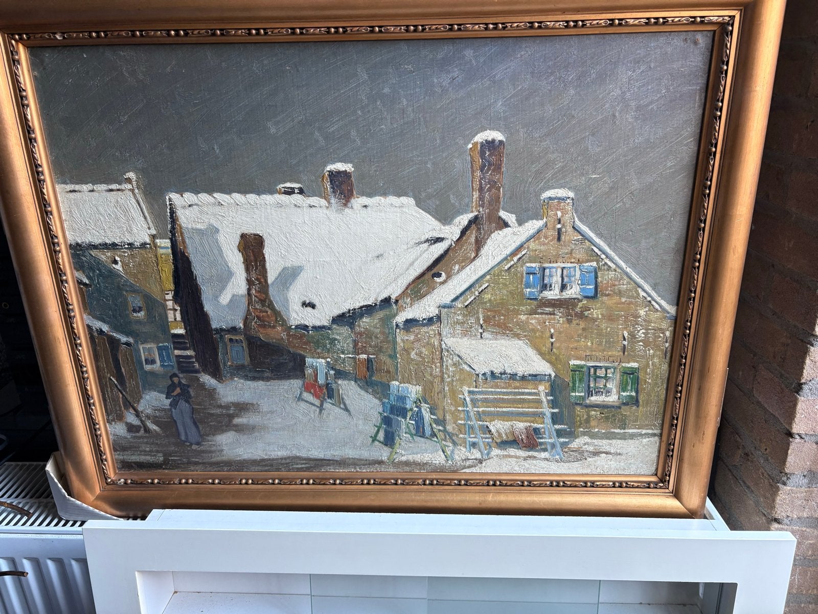 Schilderij Wintergezicht met Huizen en Sneeuw, Ophalen, Doek, Gesigneerd, Olieverf