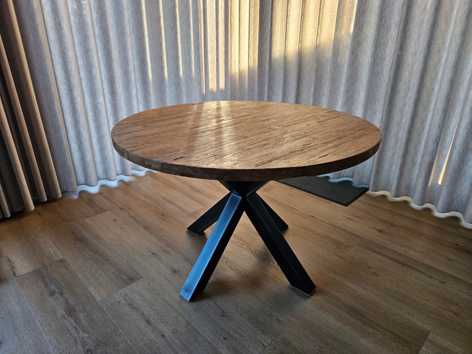 Ronde eettafel met kruispoot 120 cm, Ophalen, 100 tot 150 cm, 100 tot 150 cm, Teakhout
