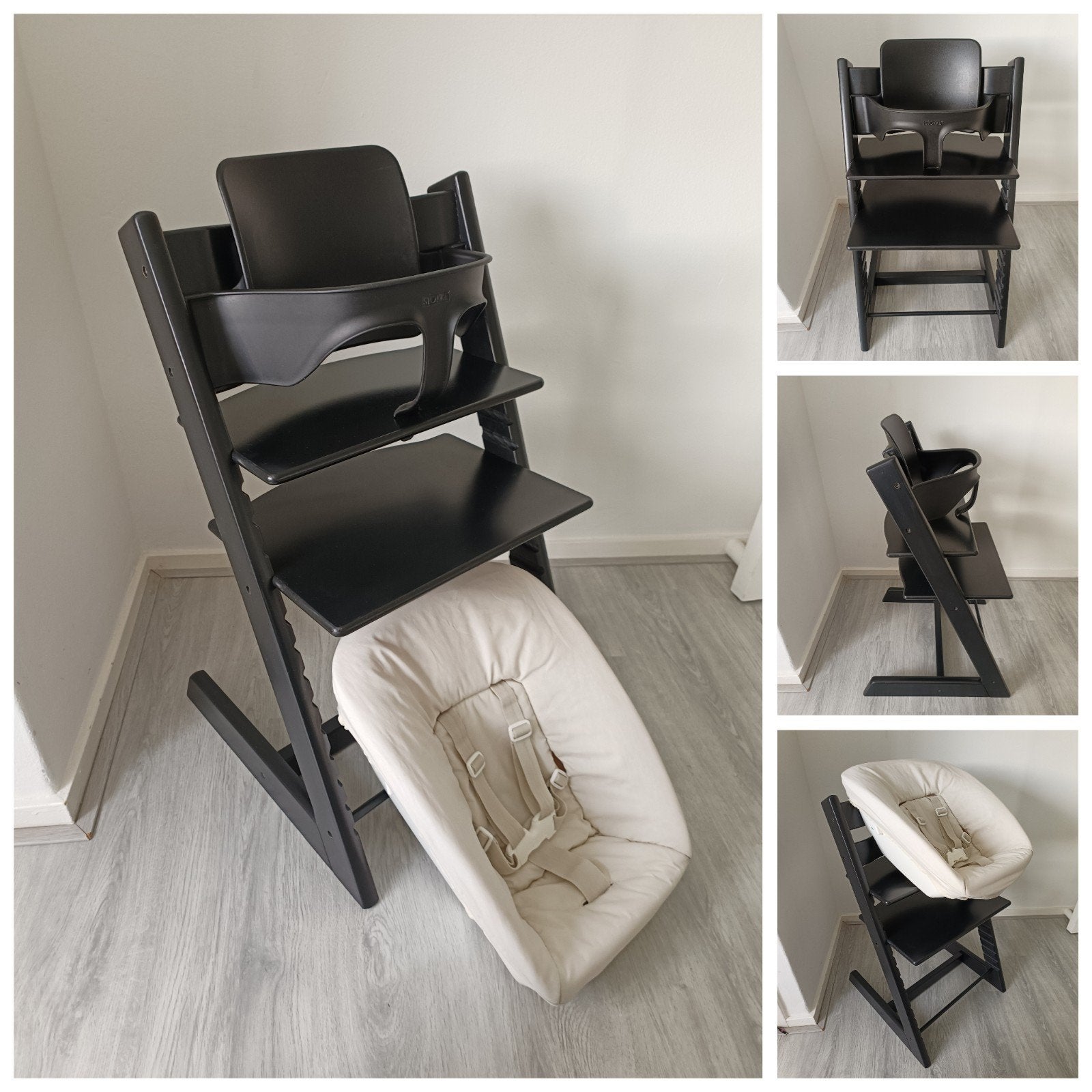 Stokke Tripp Trapp zwart met babyset en newbornset, Meegroeistoel, Ophalen of Verzenden, Zo goed als nieuw, X