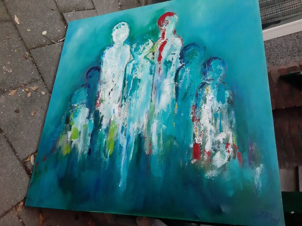 Figuratieve kunst, schildrij, blauw/wit J. Klucht, acryl op, Ophalen, Textiel, Op houten frame, Overig onderwerp