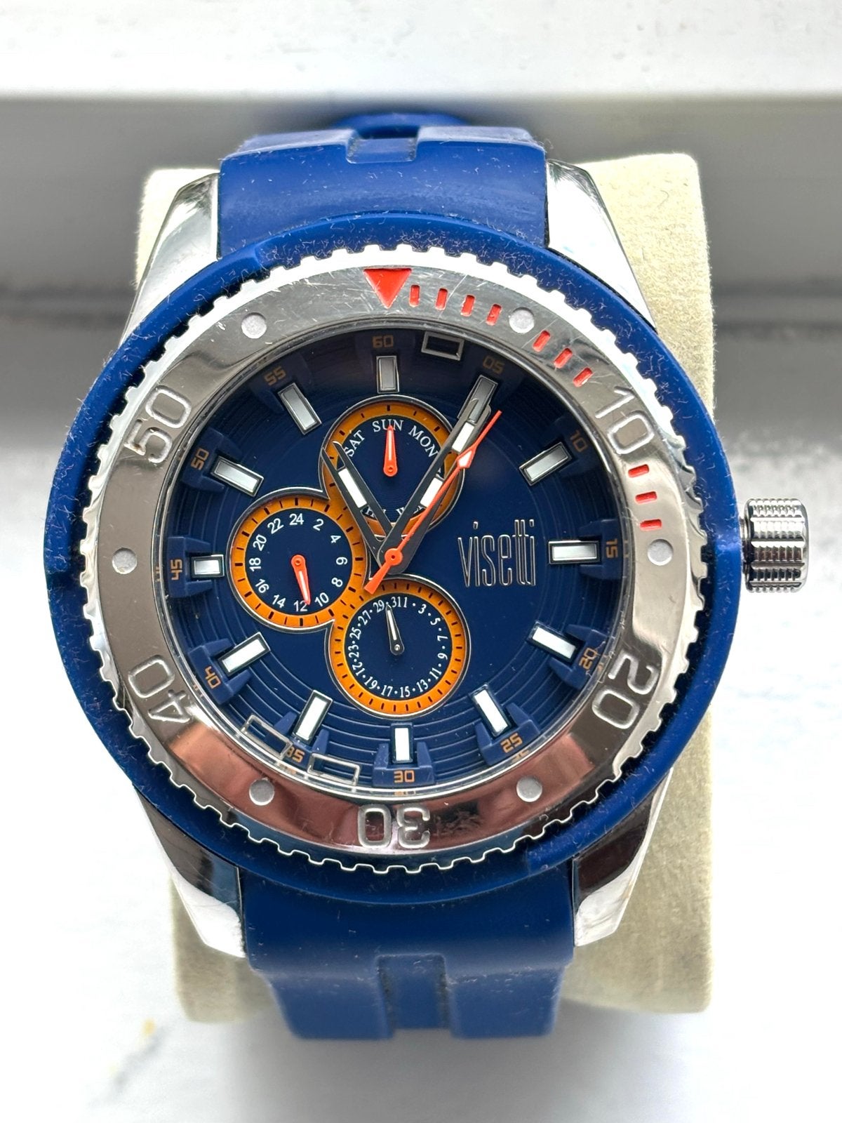 Visetti Herenhorloge - Blauw met Oranje Details, Overige merken, Gebruikt, Staal, Polshorloge