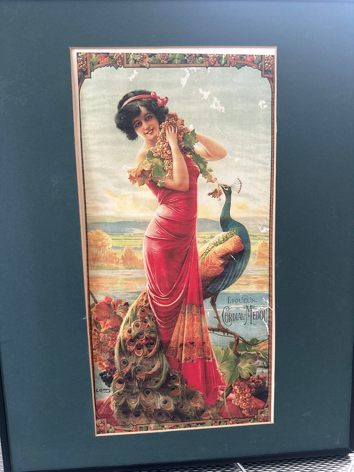 Vintage reclameposter 'Liqueur Cordial Medoc' met pauw, Ophalen, Portret of Personen, Klassiek, Print