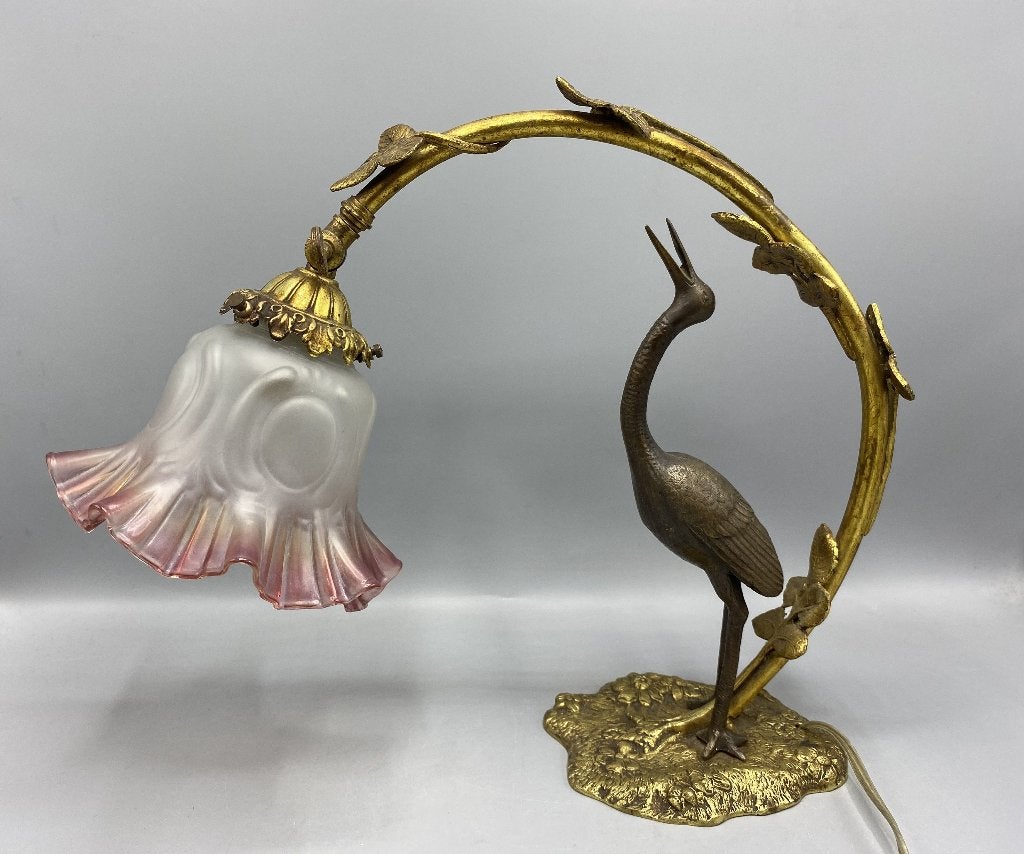 Antieke Art Nouveau Tafellamp – Kraanvogel & Bloemenboog, Ophalen of Verzenden