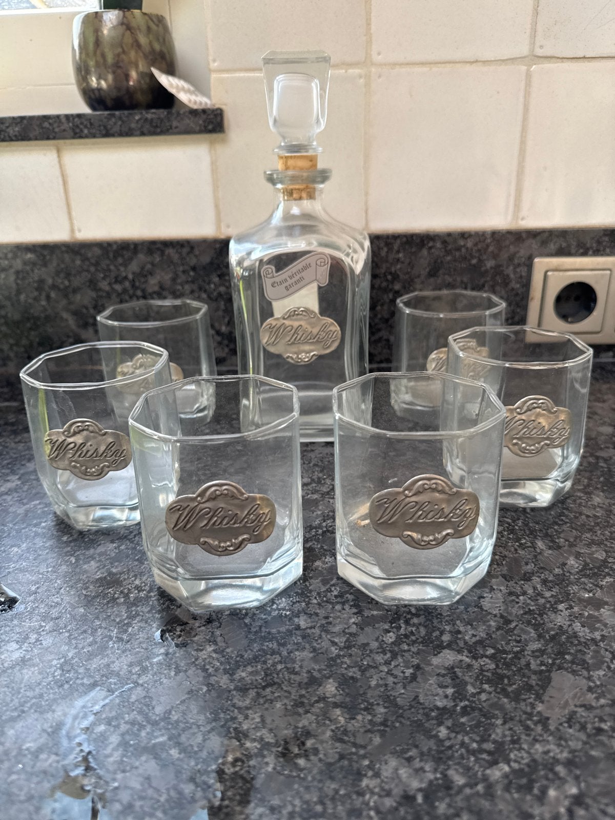 Whisky karaf met 6 glazen - Etain Véritable Garanti, Ophalen of Verzenden, Overige merken, Glas, Overige typen