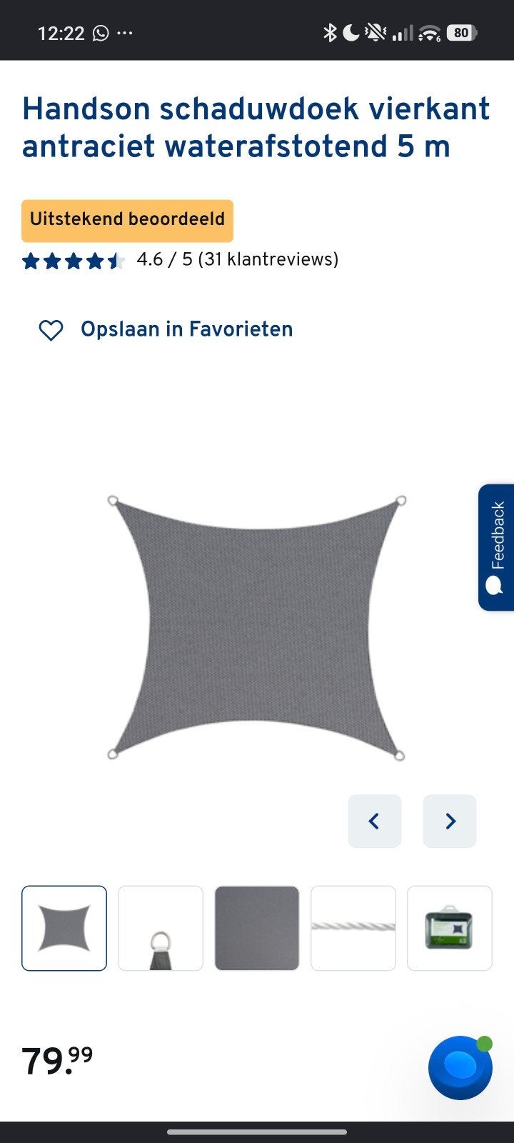 Hands-N Schaduwdoek Vierkant Antraciet 5x5m Waterafstotend, Ophalen of Verzenden, Nieuw