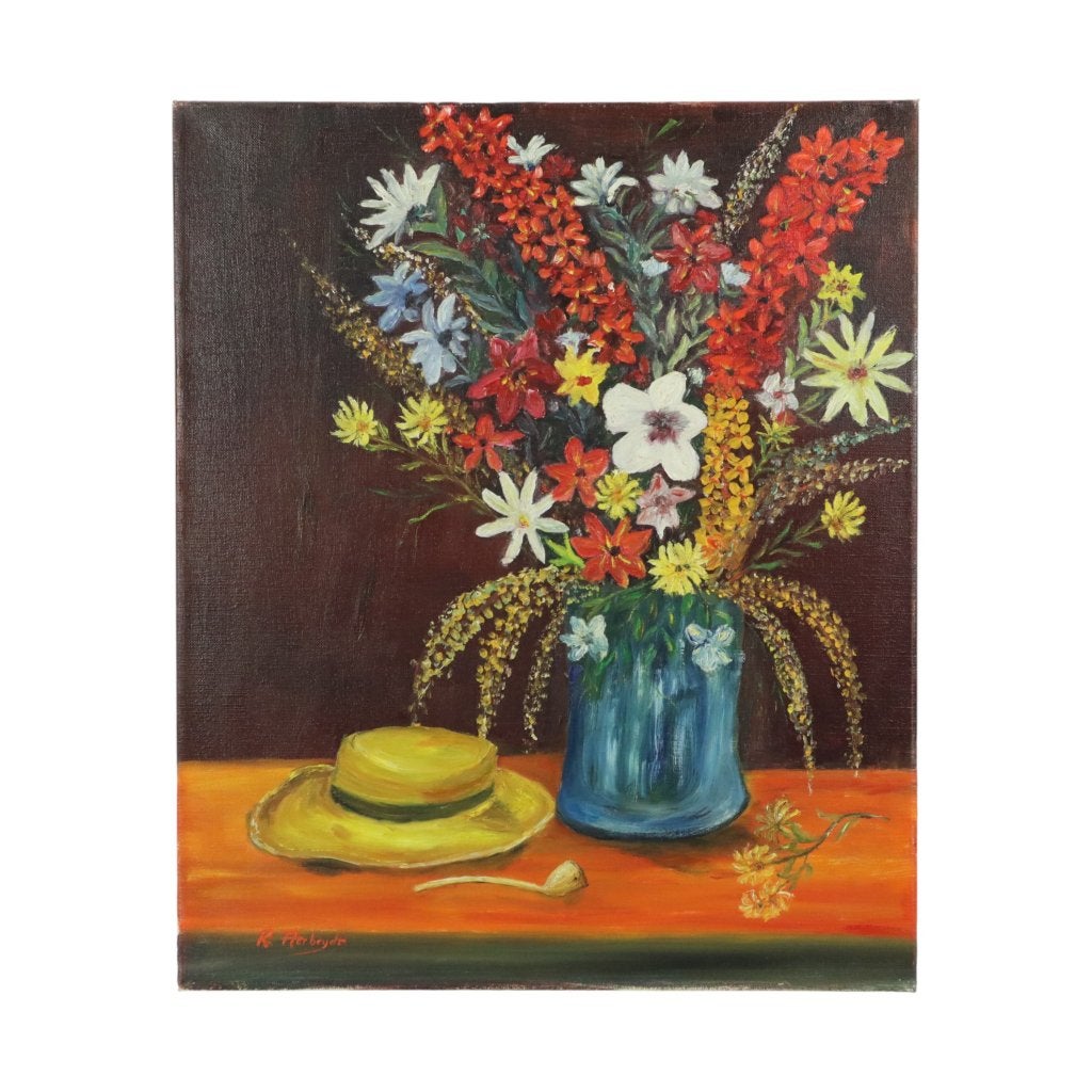 Bloemen met Hoed Stilleven Schilderij Gesigneerd 60x50cm, Ophalen of Verzenden, Bloemen