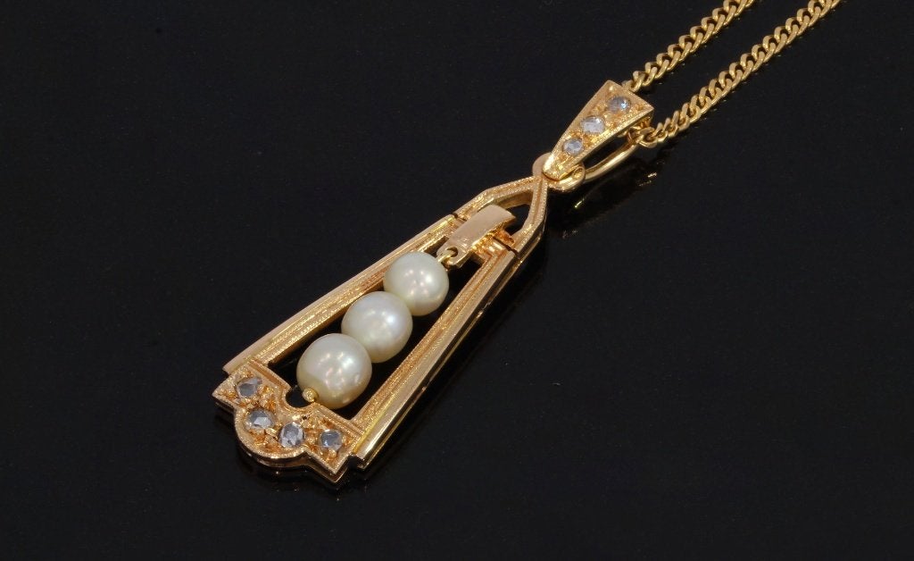 Diamanten 18k gouden parel ketting hanger design briljant, Voordeelsieraden, Ophalen of Verzenden, Zo goed als nieuw, Info@voordeelsieraden.nl