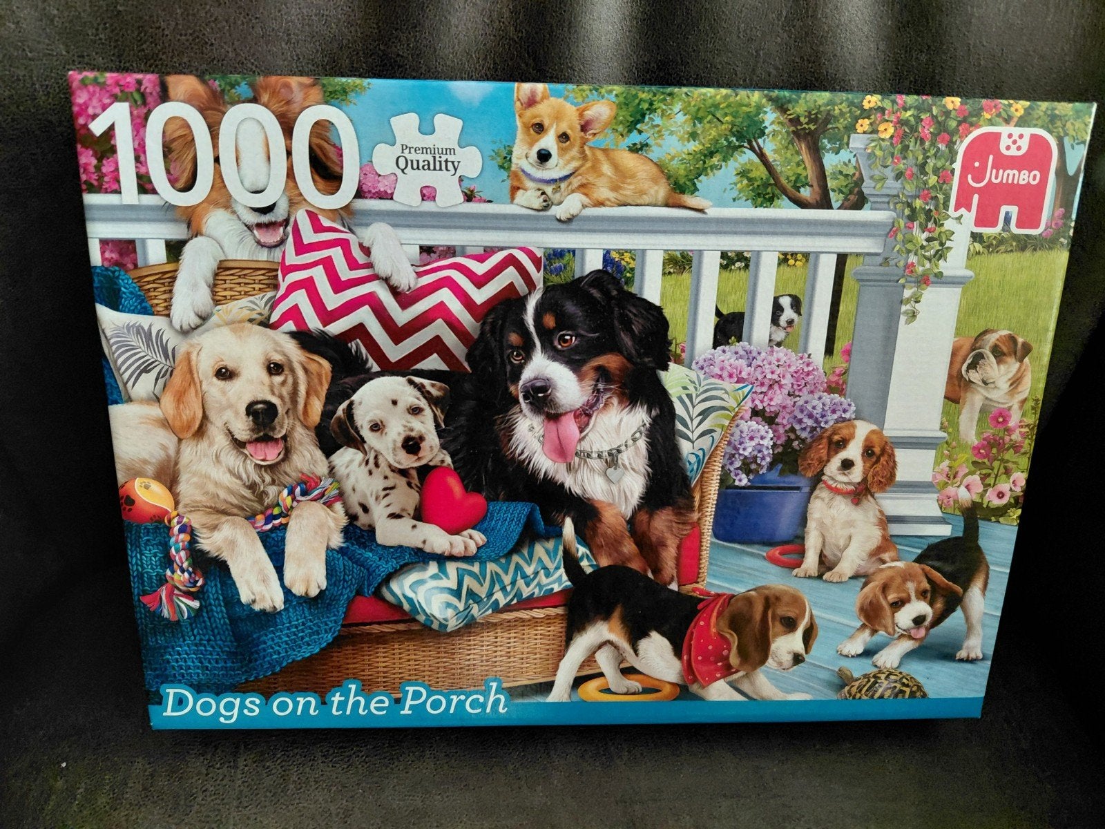 Jumbo Puzzel 1000 Stukjes - Dogs on the Porch, Ophalen of Verzenden, 500 t/m 1500 stukjes, Zo goed als nieuw, Legpuzzel