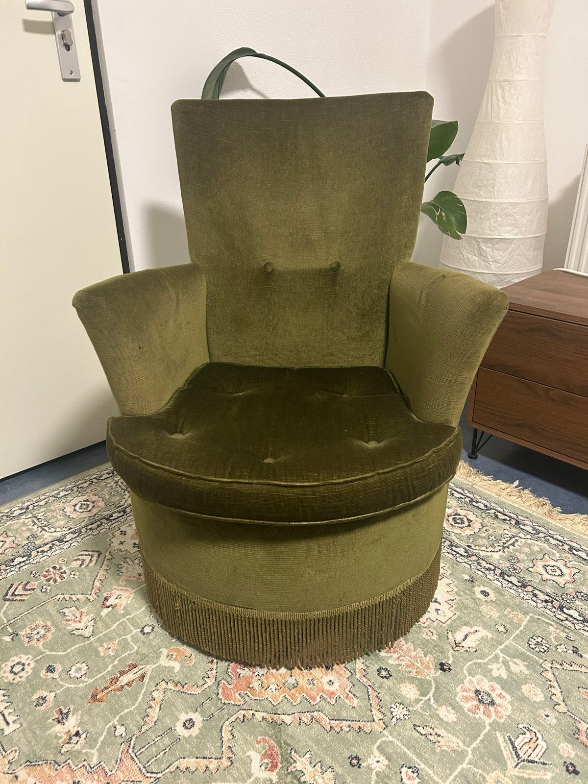 Vintage groene velvet fauteuil met franjes, Ophalen, Gebruikt, 75 tot 100 cm, Stof