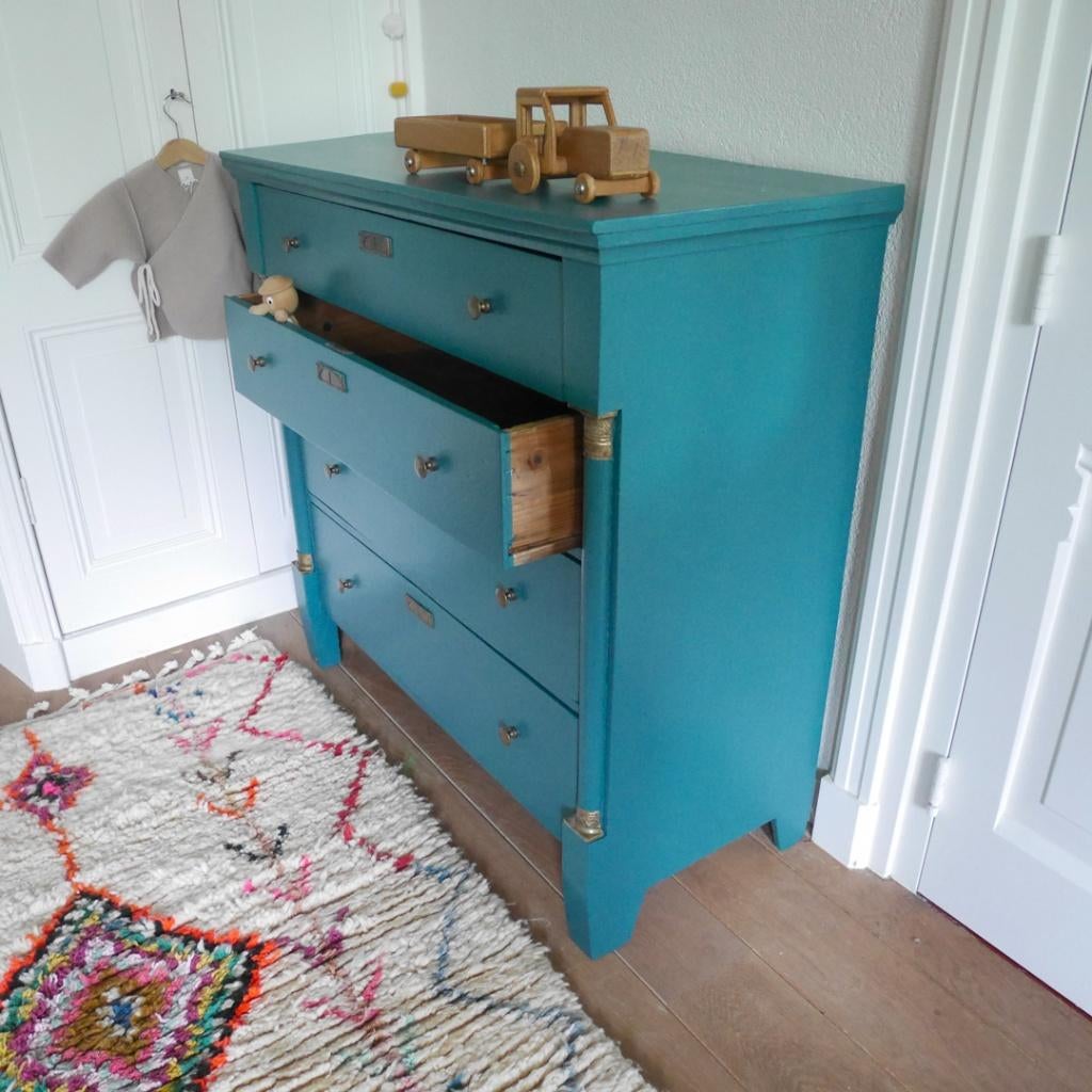 Vintage sierlijke blauw groenige commode commode ladekast, Kinderen en Baby's, Kinderkamer | Commodes en Kasten, 90 tot 105 cm
