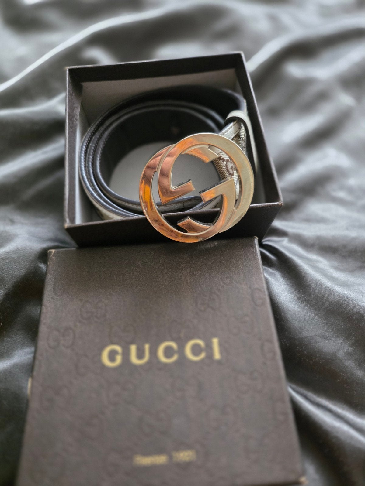 Originele Gucci Interlocking G Riem – Beige/Bruin GG Canvas, Overige kleuren, Echt leder, 90 tot 100 cm, Ophalen of Verzenden