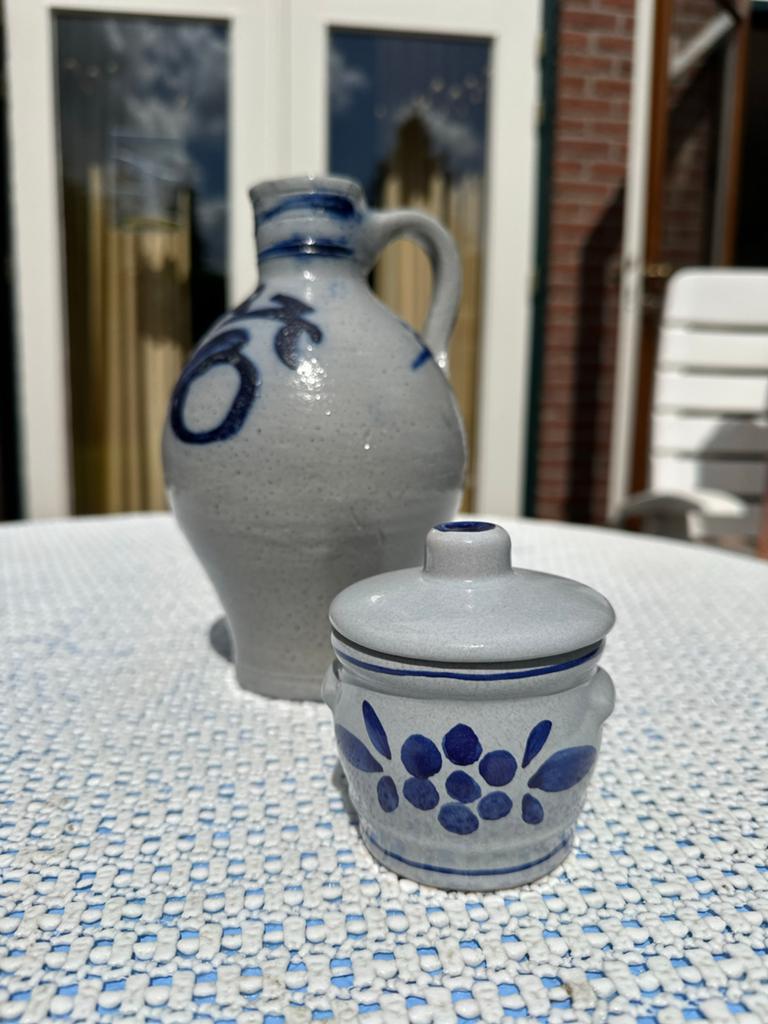 Vintage Zoutglazuur Kruik en Potje - Blauw/Grijs Keramiek, Ophalen