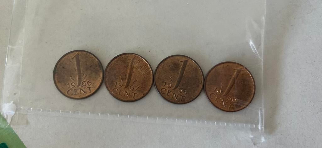 4 x 1 cent. 1966, 1967, 1968 en 1969, Postzegels en Munten, Munten | Nederland, Ophalen, Koningin Juliana