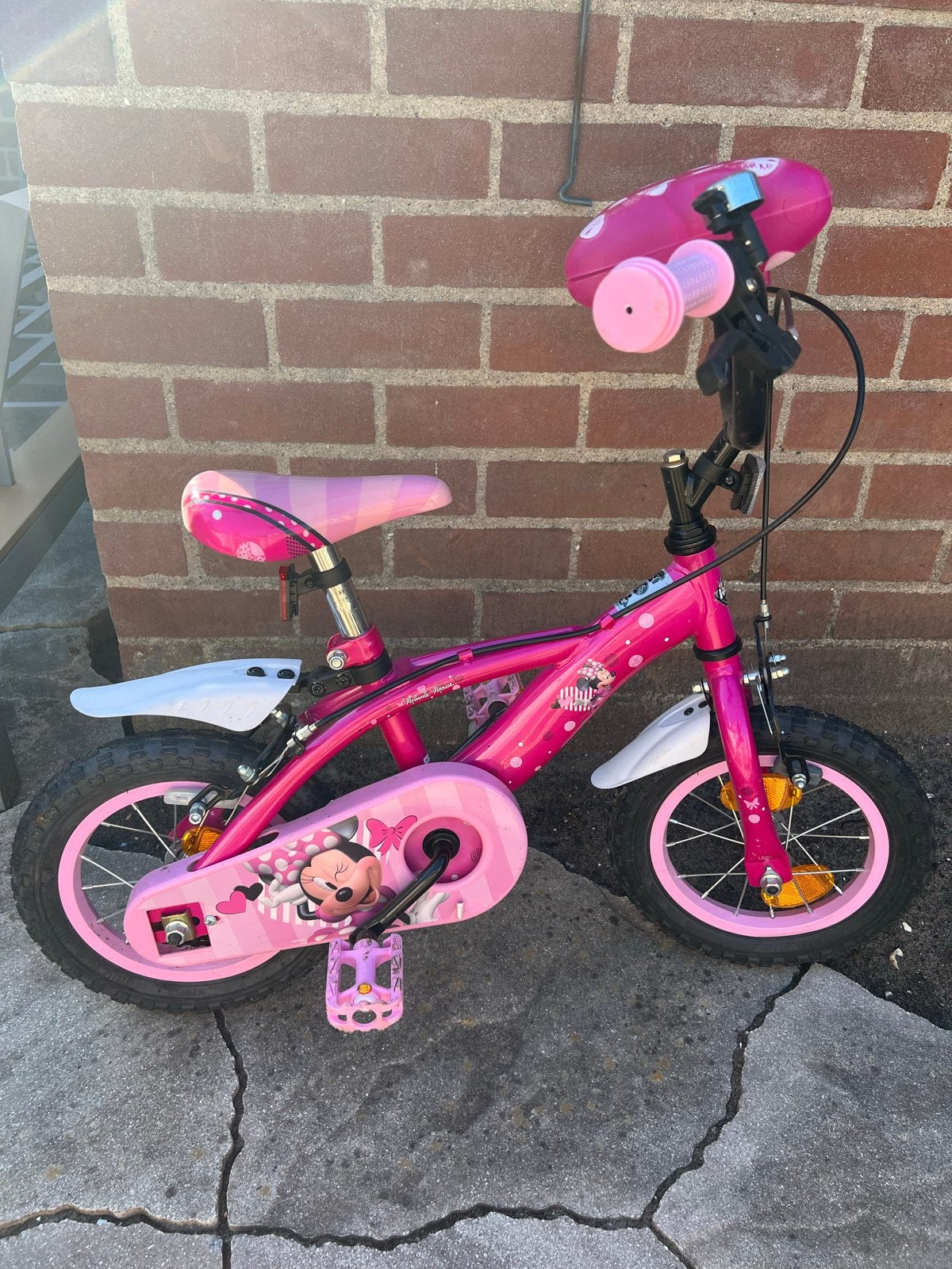 Roze kinderfiets met Minnie Mouse design, Ophalen, Gebruikt, Velgrem, Minder dan 16 inch
