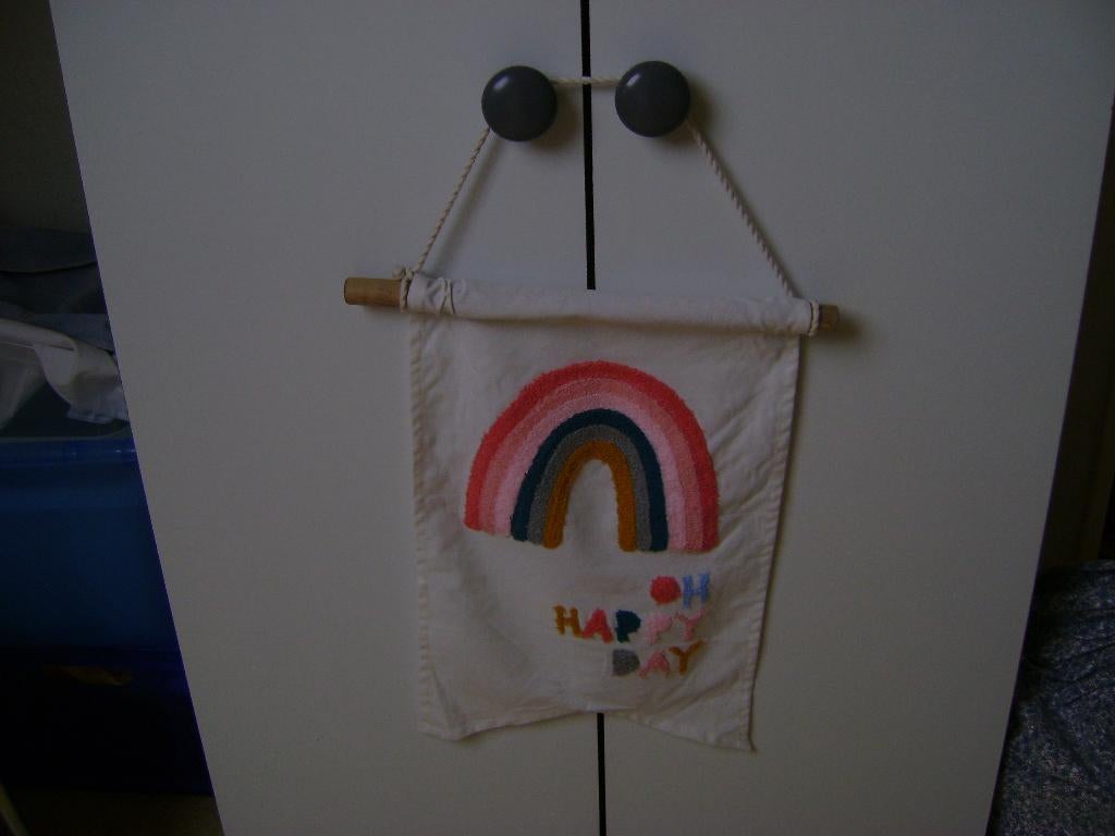 stoffen wanddecoratie van 45hoogx32 breed met oh happy day, Beige, 45 cm, Wandhanger, Textiel