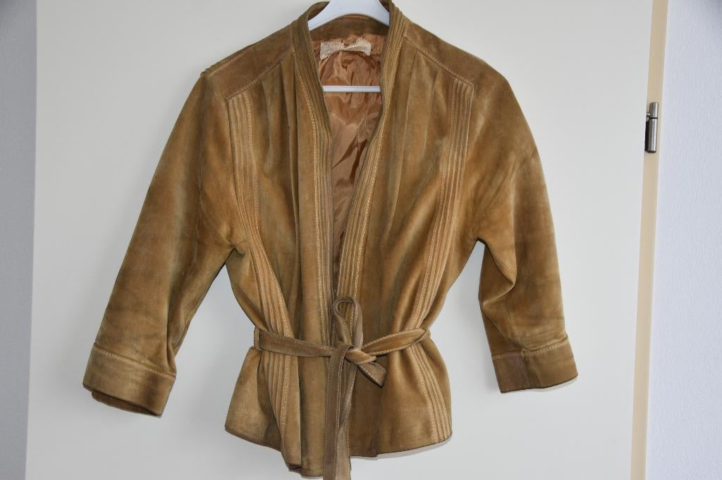 Vintage suede Graumann leren jas maat 42 jasje retro 60s, Verzenden, Gedragen, Maat 42/44 (L), Beige